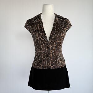 Ashley By 26 International Blouse Womens S Brown Animal Print Zip Cap Sleeve Top